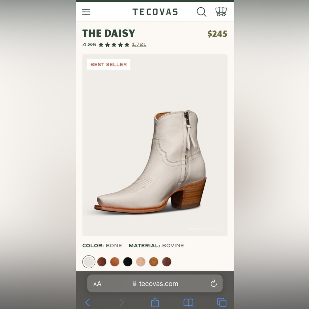 Tecovas Bovine Daisy Ankle Boot- Size: 7, Color: Bone